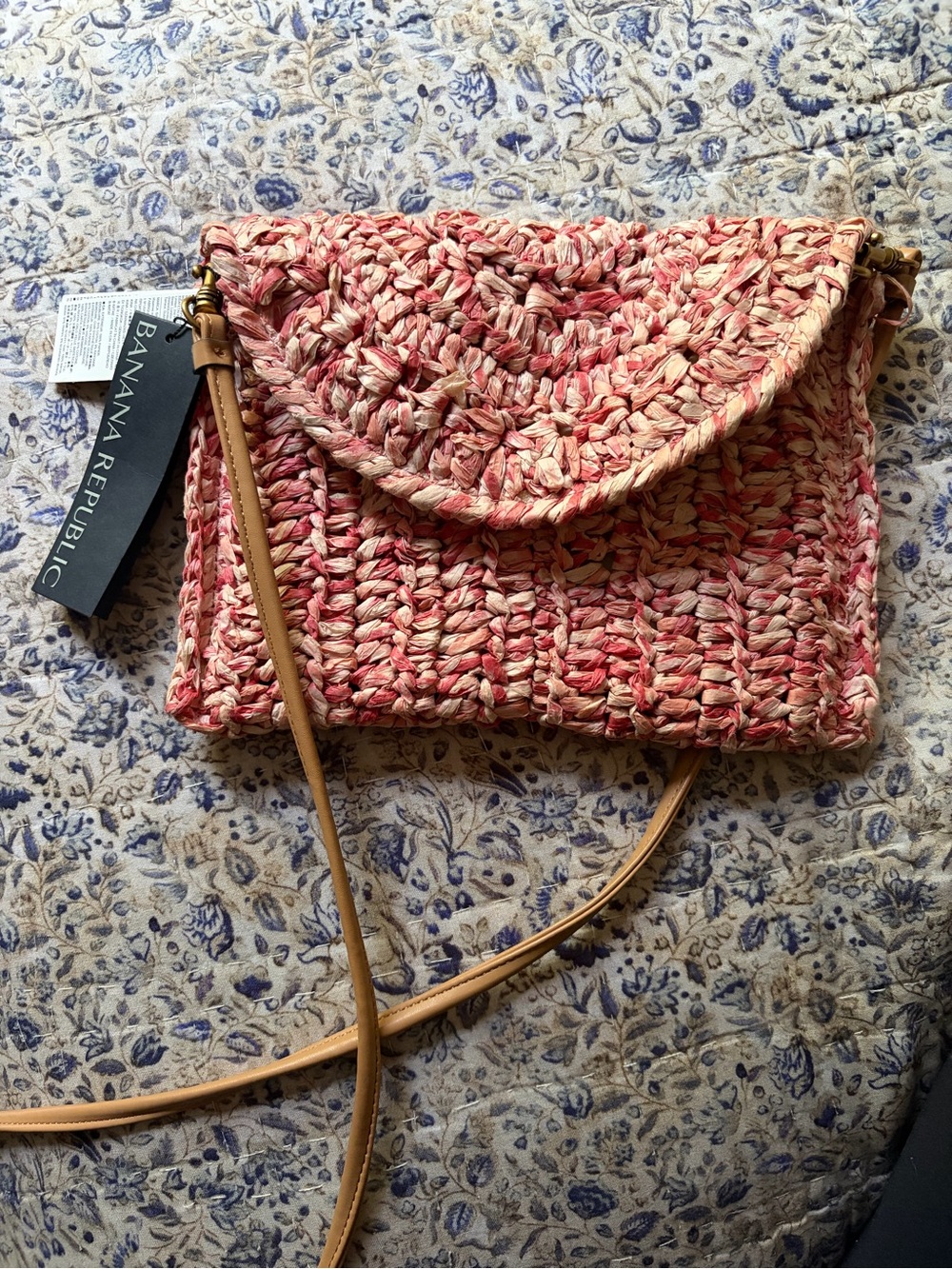 Banana Republic Coral Pink Woven Crossbody with Tan Strap
